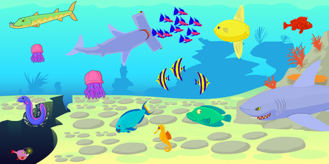 Wall Mural - Ocean fish scene horizontal banner, cartoon style