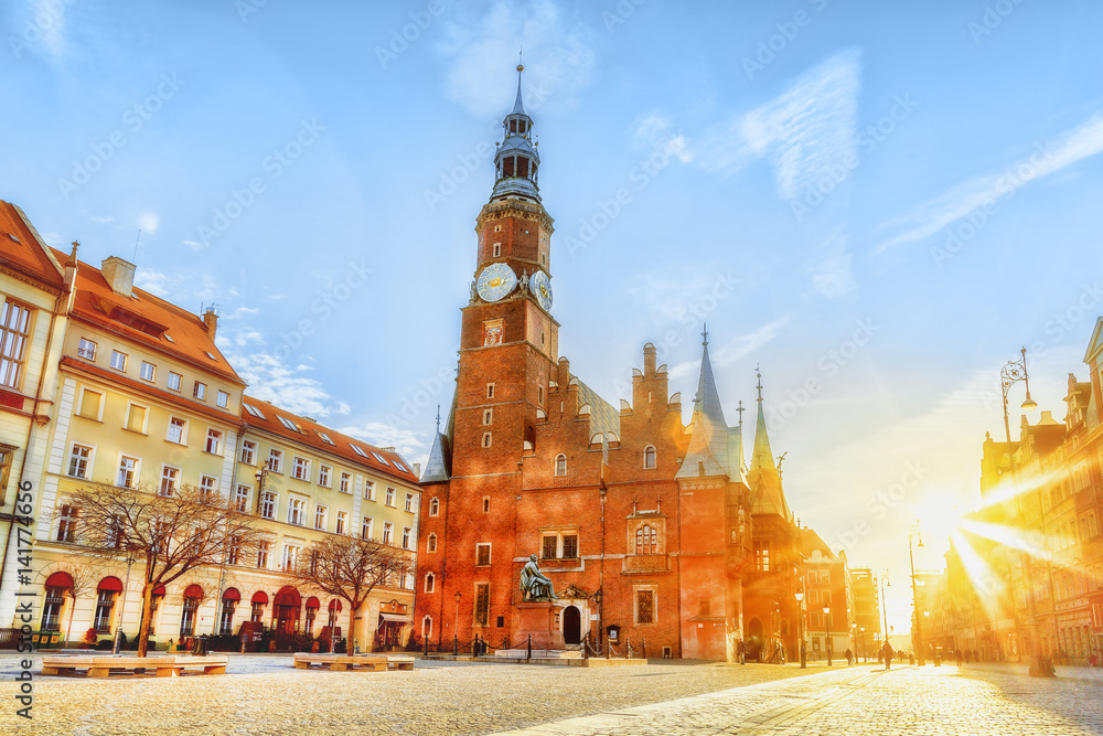 Obraz na płótnie Wroclaw city, Poland. Central square of old town with cathedral. Sunrise scenery. w salonie