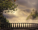 Fantasy castle and balcony in the mountains. 3D rendering