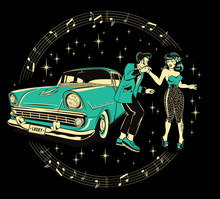 Teddyboy And A Rockabilly Pinup Chick Dancing In Front Of A Hotrod Against A Starry Black Background