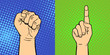 Hands showing deaf-mute different gestures human arm hold communication and direction design fist touch pop art style colorful vector illusstration.