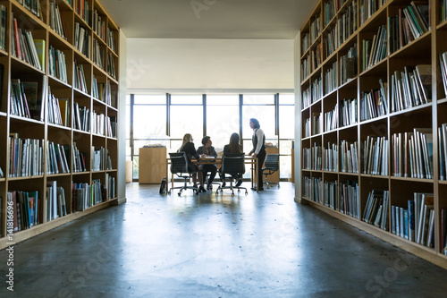 Floor To Ceiling Bookshelves And Windows In Office Workplace