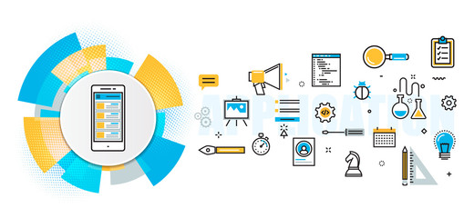 Flat line vector design concept of mobile application development process, app design, programming, coding, building, debugging banner for website header and landing page in circles digital element