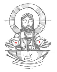 Wall Mural - Jesus Christ with wine, bread and open hands illustration