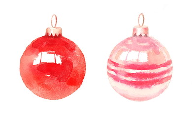watercolor christmas ball ornaments red pink decoration hand painted illustration set isolated on wh