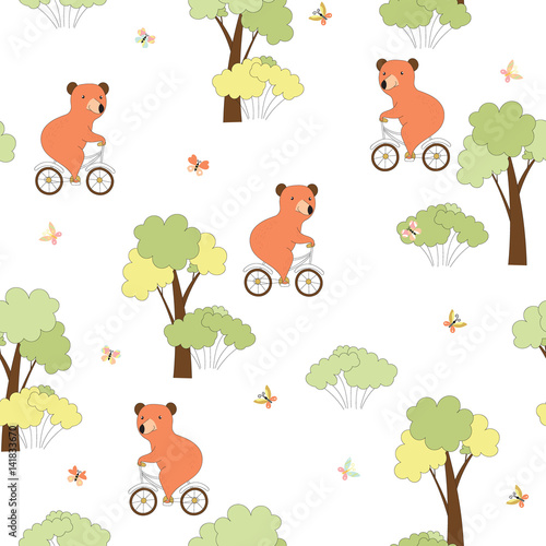 Cotton fabric Seamless background with bear on bicycle