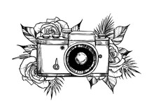 Hand Drawn Vector Illustration - Retro Camera With Flower Bouquets. Roses And Tropical Leaves. Perfect For Invitations, Greeting Cards, Posters, Prints