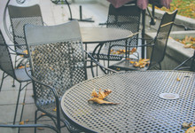 Empty Terrace Cafe Outdoors In Autumn. Fallen Orange And Dry Leaves. Metallic Chair And Table
