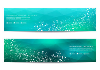 Wall Mural - Two scientific banner. Molecular structure of DNA and neurons. Geometric abstract background. Medicine, science, technology, business and website templates. Vector illustration