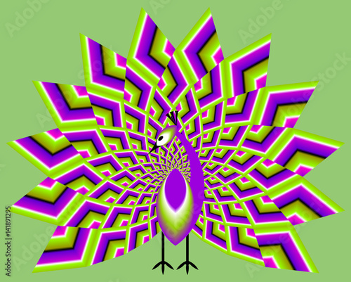 Zdjęcie XXL Paw z zielonym i fioletowym ogonem w stylu techno. Zakręć złudzenie.
