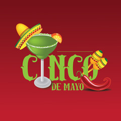 Cinco De Mayo sombrero, chili pepper, cactus and maracas festive design. For celebration of the Mexican holiday on May 5. EPS 10 vector.