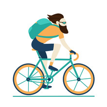 Bicycle Delivery Logistics Courier. Bike Messenger Bearded Male Character Hipster Style. Blue Yellow Colors. Isolated On White Background. Vector Design Illustration.