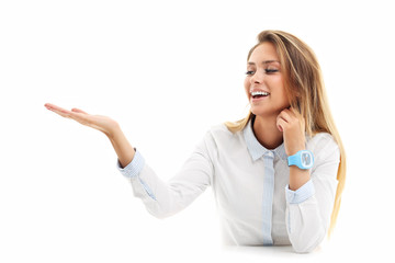 Wall Mural - Portrait of happy woman isolated over white background