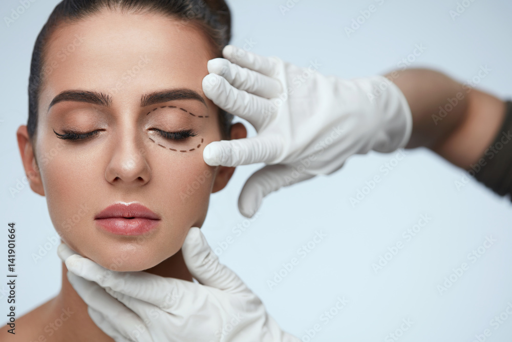 Closeup Of Beautician Hands Touching Young Female Patient Face - obrazy, fototapety, plakaty 