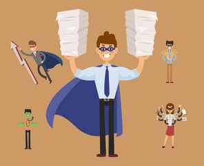 Wall Mural - Superhero business man woman vector illustration set character success cartoon power concept businessman strong person silhouette leader team isolated