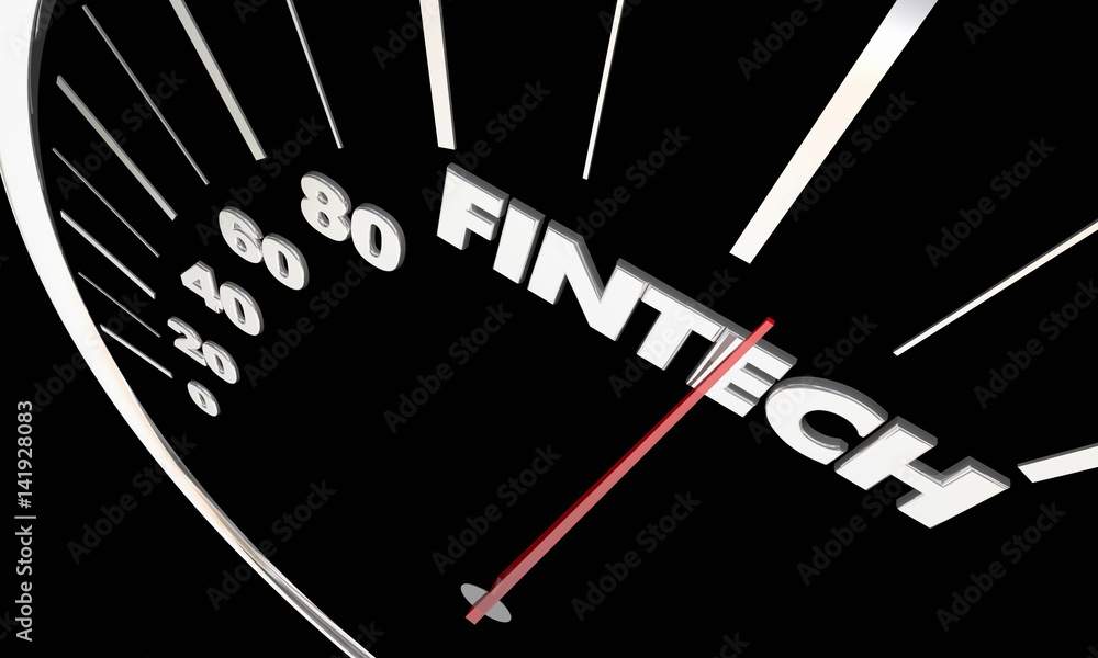 Fintech Finance Software Tools Apps Speedometer Word 3d Illustration