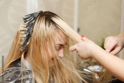 Professional Hairdresser Holds Client S Hair Coloring Bleaching