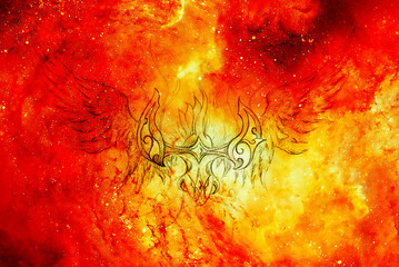 Leinwandbilder - Drawing of ornamental phoenix in cosmic background, fire effect.