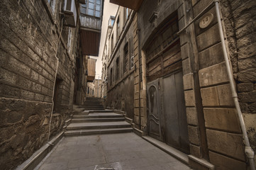  Empty street in old city of Baku, Azerbaijan. Old city Baku. İnner City buildings.