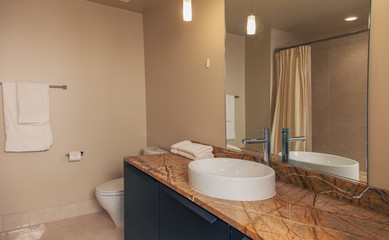 modern bathroom with white oval sink and marble counter