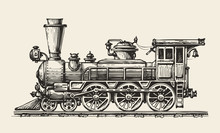 Vintage Locomotive. Hand-drawn Retro Train. Sketch, Vector Illustration