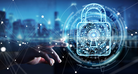 Businessman using digital padlock to secure his datas 3D rendering