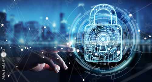 Fotomural Businessman using digital padlock to secure his datas 3D rendering