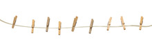 Old Wooden Clothespins On A Rope Isolated On  Background