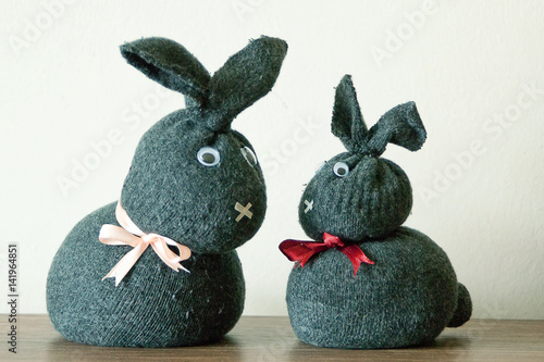Close Up Easter Decoration Of Two Cute Gray Rabbits Made Of