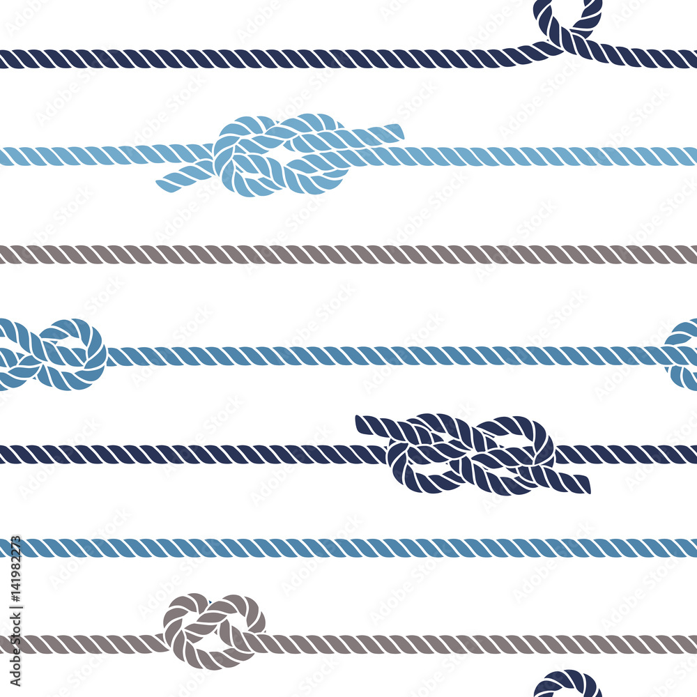 Seamless marine pattern with knots and rope. Vector sea illustration with rope ornament and nautical knots. - obrazy, fototapety, plakaty 