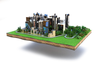 Wall Mural - Image of a modern city surrounded by nature landscape 3d render on white
