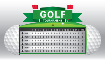 Vector of golf tournament with scoreboard and green golf field background.