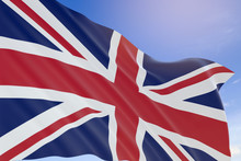 3D Rendering Of United Kingdom Flag Waving On Blue Sky Background