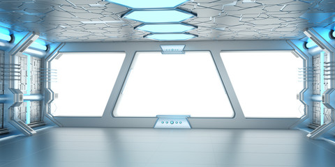 Wall Mural - spaceship blue and white interior 3d rendering