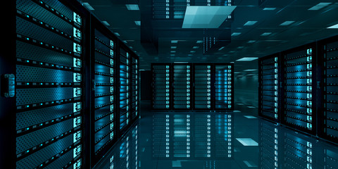 Fototapete - Dark server room data center storage 3D rendering