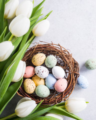 Wall Mural - Beautiful white tulips with colorful quail eggs in nest on light gray stone background. Spring and Easter holiday concept with copy space.