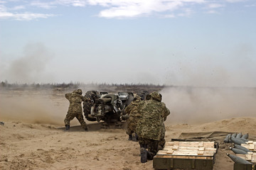 Military shooting from heavy artillery weapon