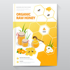 Organic raw honey designe brochure. Abstract composition. A4 brochure cover design of honey. Fancy title sheet model. Creative vector front page art. Banner form texture. Flyer fiber font