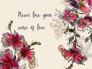 Fototapete - Beautiful tropical background with hibiscus flowers and herbs for design