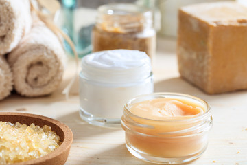 Variety of creams and bath salt - spa concept