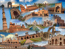 Collage Of India Historical Monuments Architectural Buildings And Ruins. A India Tour And Travel Banner Of Notable Tourist Destinations.
