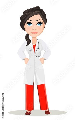 Vecteur Stock Doctor woman with stethoscope. Cute cartoon doctor