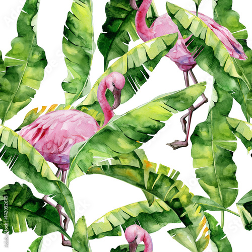 Tropical leaves, dense jungle. Banana palm leaves Seamless watercolor illustr...