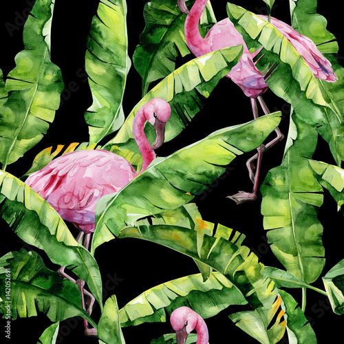 Tropical leaves, dense jungle. Banana palm leaves Seamless watercolor illustr...