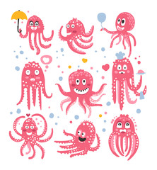 Wall Mural - Octopus Emoticon Icons With Funny Cute Cartoon Marine Animal Characters In Love And Expressing Different Emotions