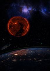 Wall Mural - dying sun over the dark planet earth. a galaxy is spinning in the distance and a comet is running in