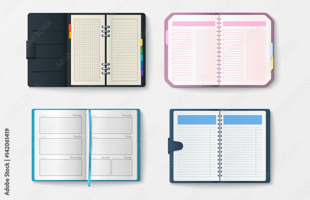 Set of open realistic notebooks with pages diary office sheet template ...