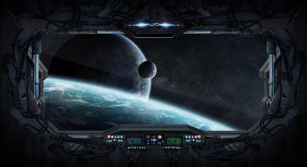 Wall Mural - window view of space and planets from a space station