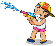 Kid Playing Water Gun Vector Illustration