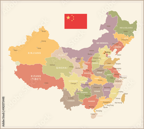 Fotomural China - vintage map and flag - illustration